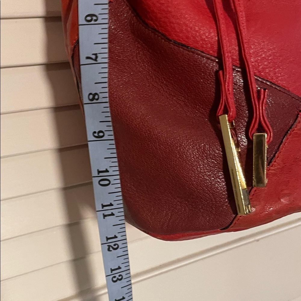 Halston Heritage Red Patchwork Ostrich Pebbled Burgundy Leather Hobo Bucket Bag - Picture 4 of 16